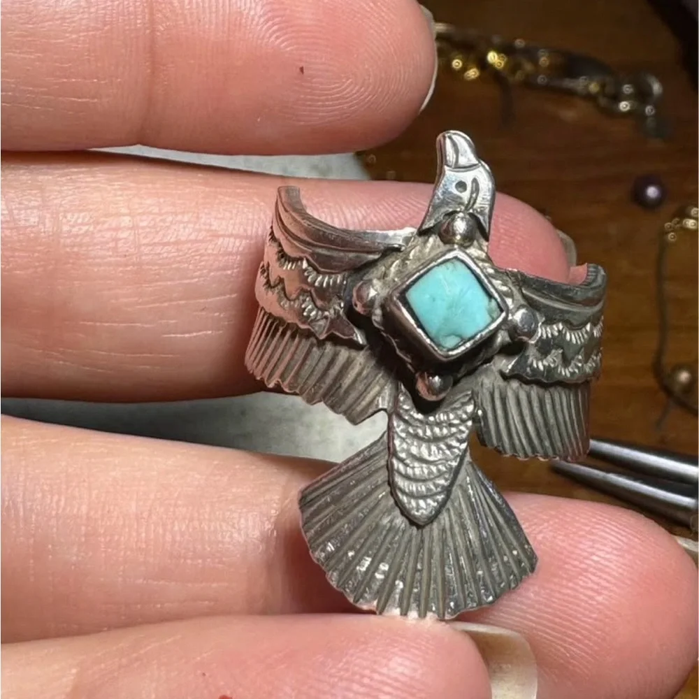 Jeremy Delgarito Turquoise Bird Sterling Silver Native American Navajo Open Ring - Picture 1 of 5
